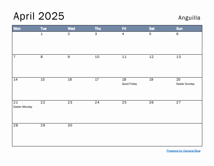 April 2025 Simple Monthly Calendar for Anguilla