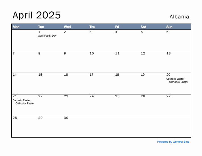 April 2025 Simple Monthly Calendar for Albania