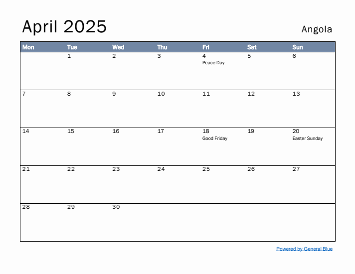 April 2025 Simple Monthly Calendar for Angola