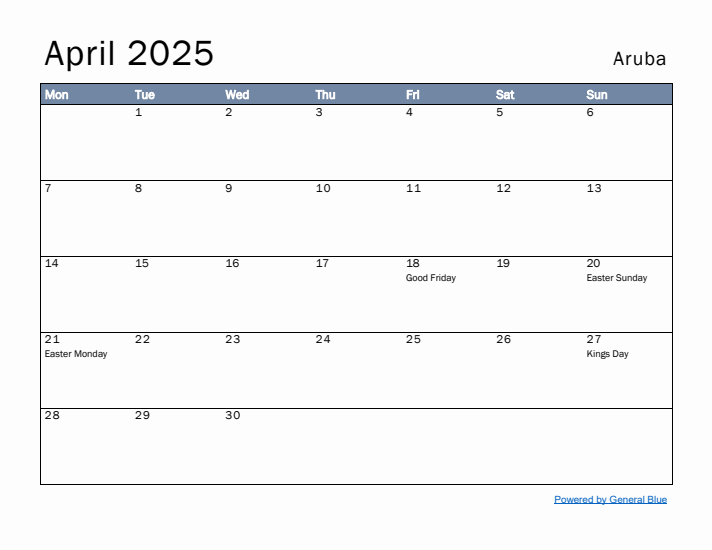 April 2025 Simple Monthly Calendar for Aruba