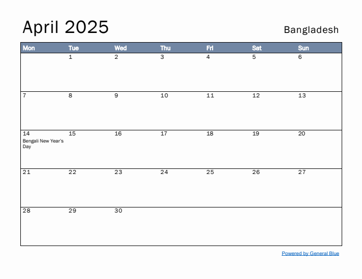 April 2025 Simple Monthly Calendar for Bangladesh