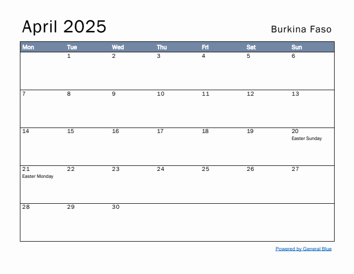 April 2025 Simple Monthly Calendar for Burkina Faso