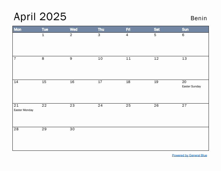 April 2025 Simple Monthly Calendar for Benin