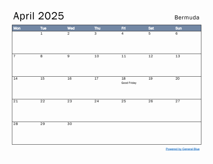 April 2025 Simple Monthly Calendar for Bermuda