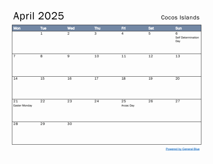 April 2025 Simple Monthly Calendar for Cocos Islands