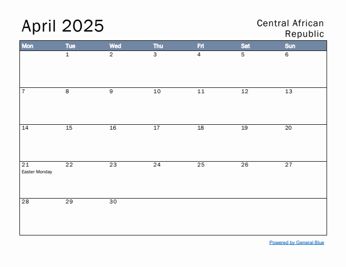 April 2025 Simple Monthly Calendar for Central African Republic