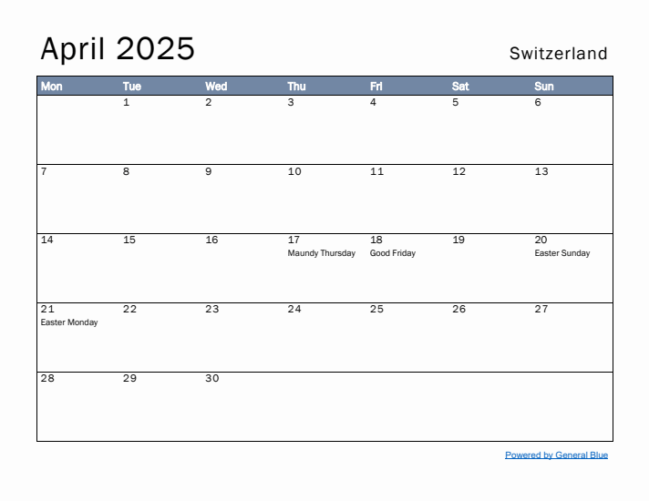 April 2025 Simple Monthly Calendar for Switzerland