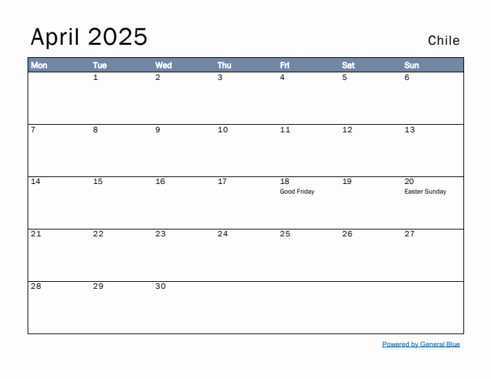 April 2025 Simple Monthly Calendar for Chile