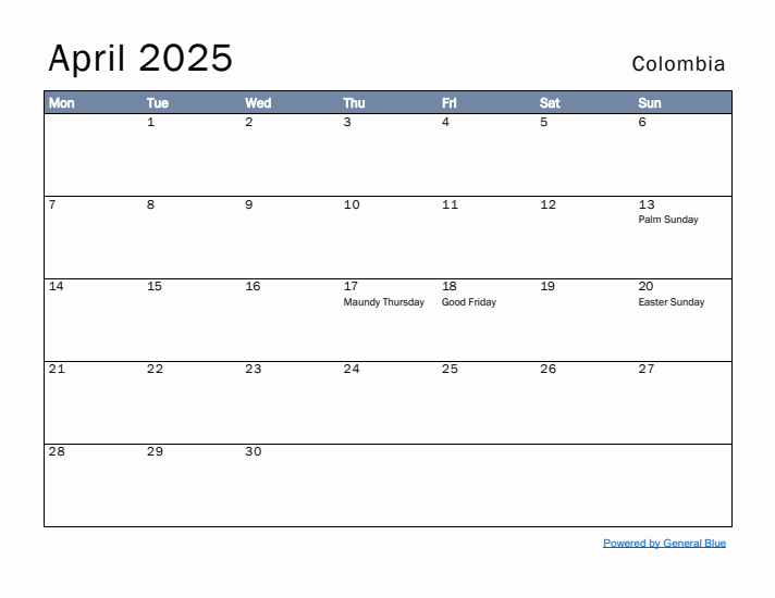 April 2025 Simple Monthly Calendar for Colombia