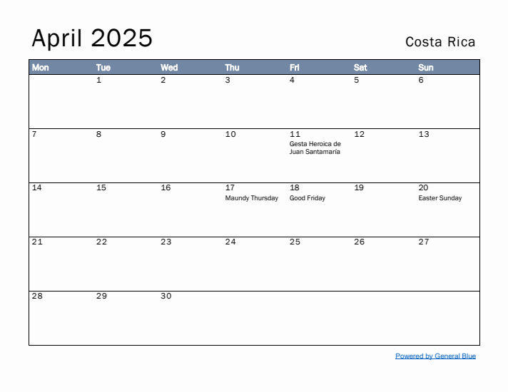 April 2025 Simple Monthly Calendar for Costa Rica