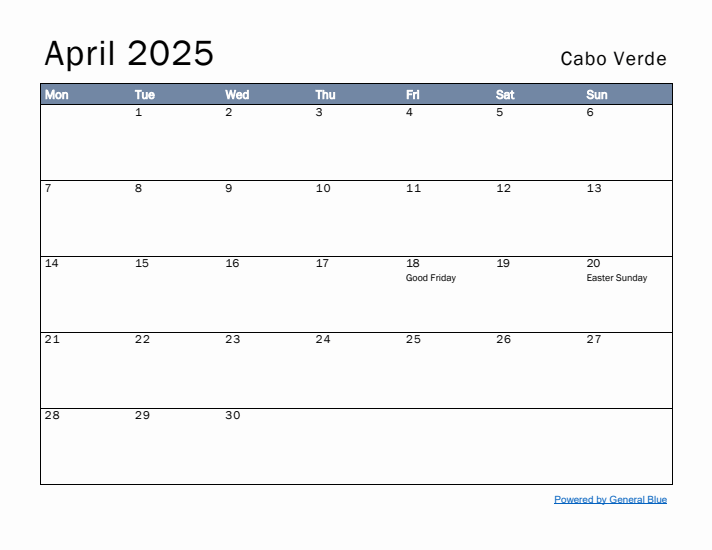 April 2025 Simple Monthly Calendar for Cabo Verde