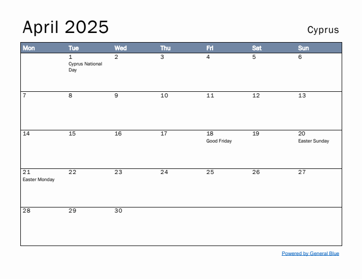 April 2025 Simple Monthly Calendar for Cyprus