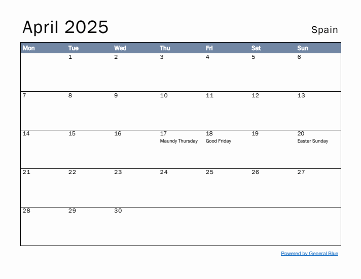 April 2025 Simple Monthly Calendar for Spain