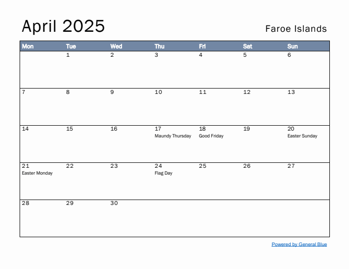 April 2025 Simple Monthly Calendar for Faroe Islands