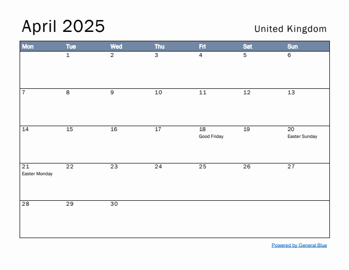 April 2025 Simple Monthly Calendar for United Kingdom