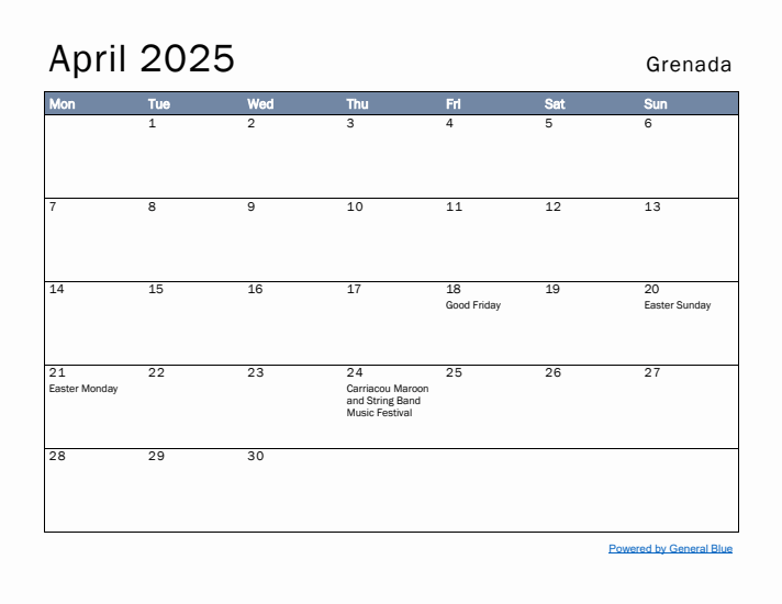 April 2025 Simple Monthly Calendar for Grenada