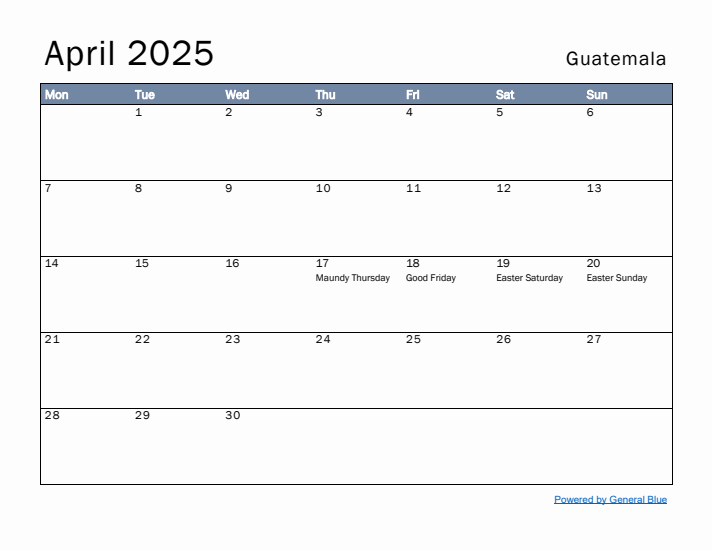 April 2025 Simple Monthly Calendar for Guatemala