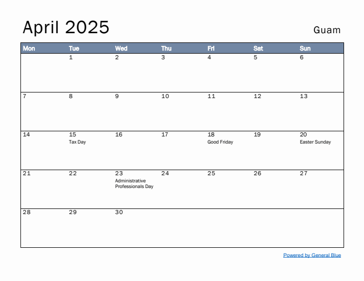 April 2025 Simple Monthly Calendar for Guam