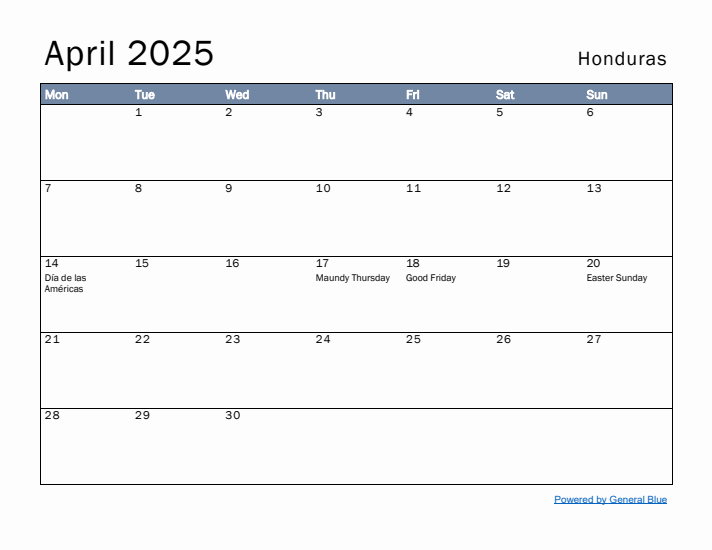 April 2025 Simple Monthly Calendar for Honduras