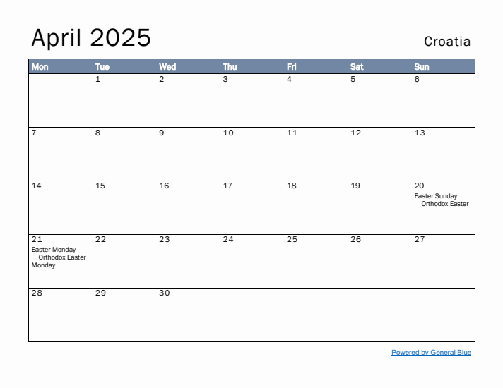 April 2025 Simple Monthly Calendar for Croatia