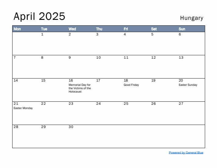 April 2025 Simple Monthly Calendar for Hungary