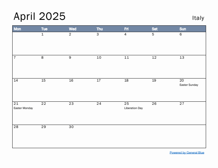 April 2025 Simple Monthly Calendar for Italy