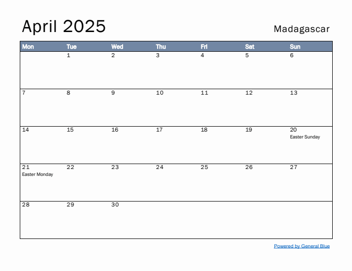 April 2025 Simple Monthly Calendar for Madagascar