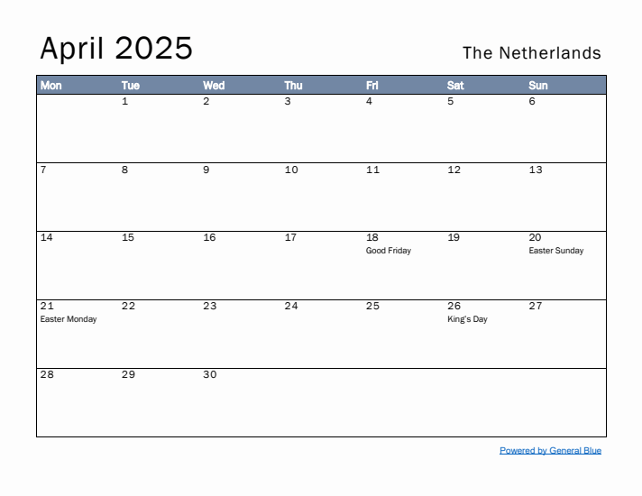 April 2025 Simple Monthly Calendar for The Netherlands