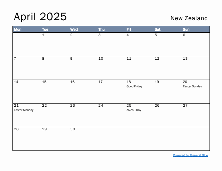 April 2025 Simple Monthly Calendar for New Zealand