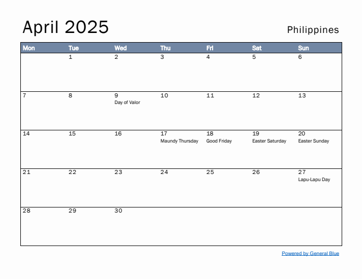 April 2025 Simple Monthly Calendar for Philippines