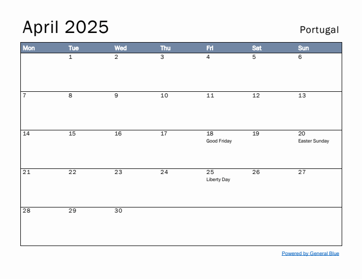 April 2025 Simple Monthly Calendar for Portugal