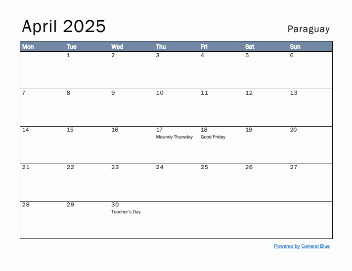 April 2025 Simple Monthly Calendar for Paraguay