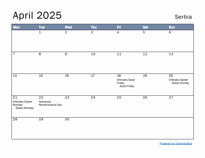 April 2025 Simple Monthly Calendar for Serbia