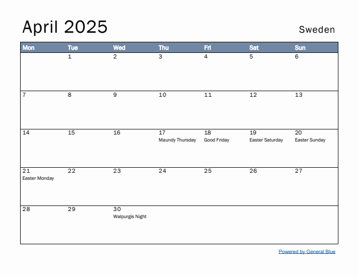 April 2025 Simple Monthly Calendar for Sweden