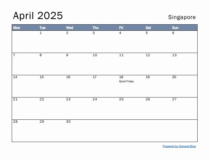 April 2025 Simple Monthly Calendar for Singapore