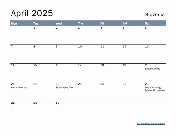 April 2025 Simple Monthly Calendar for Slovenia