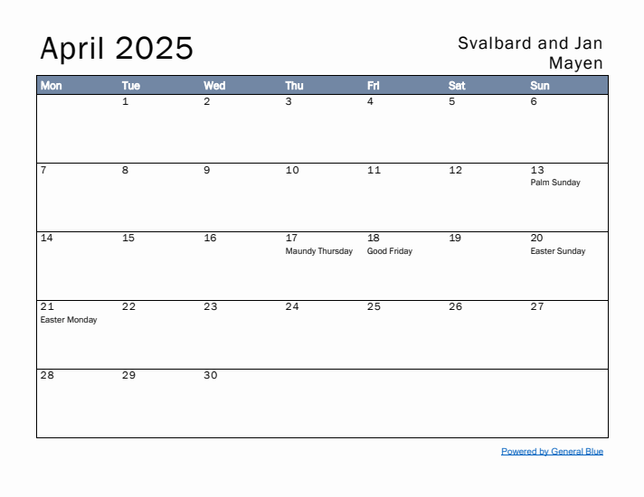 April 2025 Simple Monthly Calendar for Svalbard and Jan Mayen