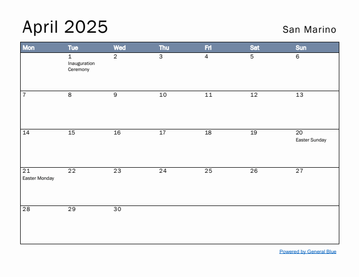 April 2025 Simple Monthly Calendar for San Marino