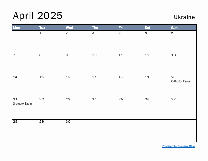 April 2025 Simple Monthly Calendar for Ukraine