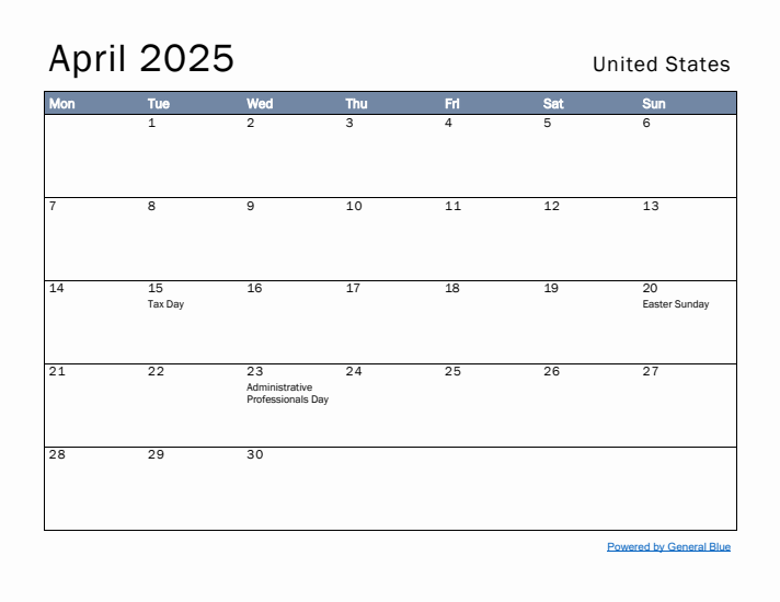 April 2025 Simple Monthly Calendar for United States