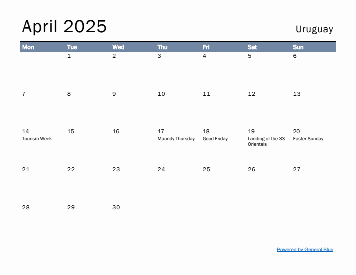 April 2025 Simple Monthly Calendar for Uruguay