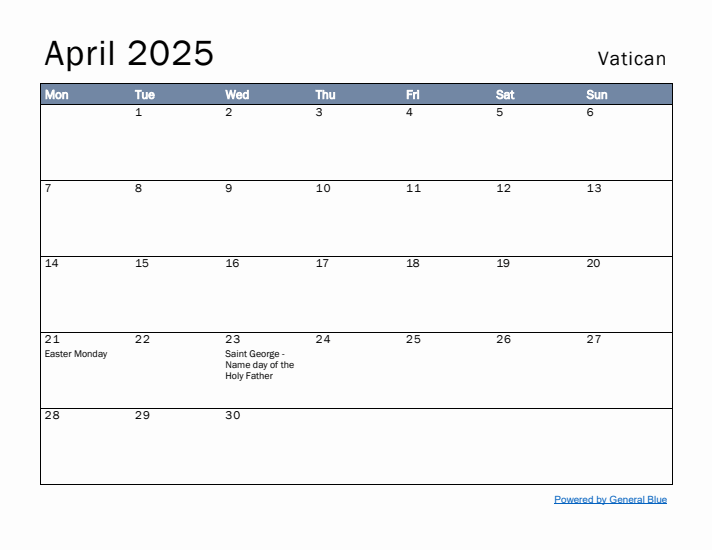 April 2025 Simple Monthly Calendar for Vatican