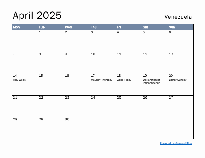 April 2025 Simple Monthly Calendar for Venezuela