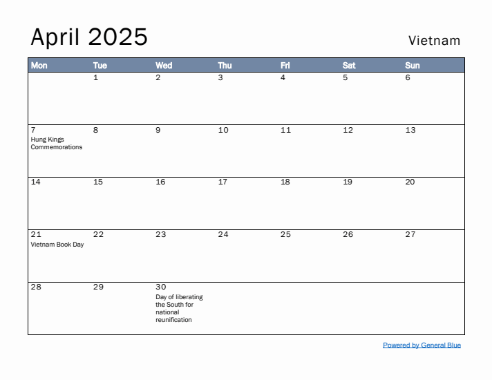 April 2025 Simple Monthly Calendar for Vietnam