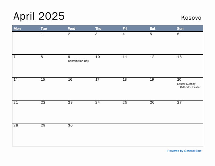 April 2025 Simple Monthly Calendar for Kosovo