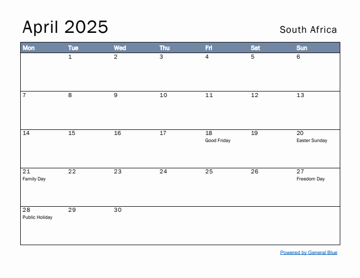 April 2025 Simple Monthly Calendar for South Africa