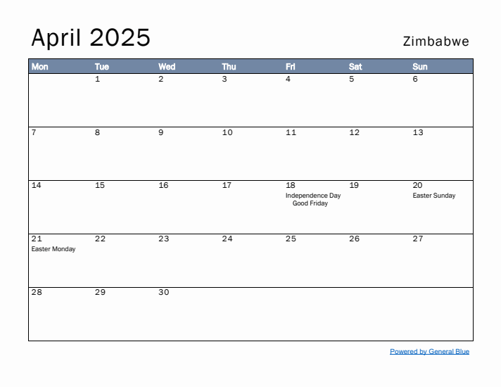 April 2025 Simple Monthly Calendar for Zimbabwe