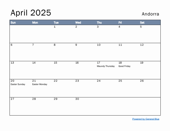 April 2025 Simple Monthly Calendar for Andorra