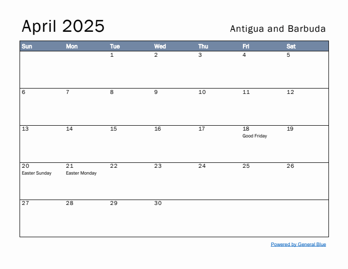 April 2025 Simple Monthly Calendar for Antigua and Barbuda