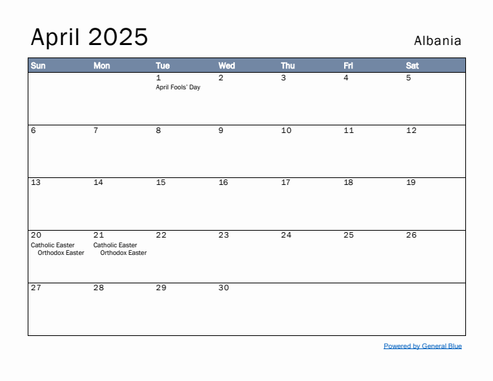 April 2025 Simple Monthly Calendar for Albania